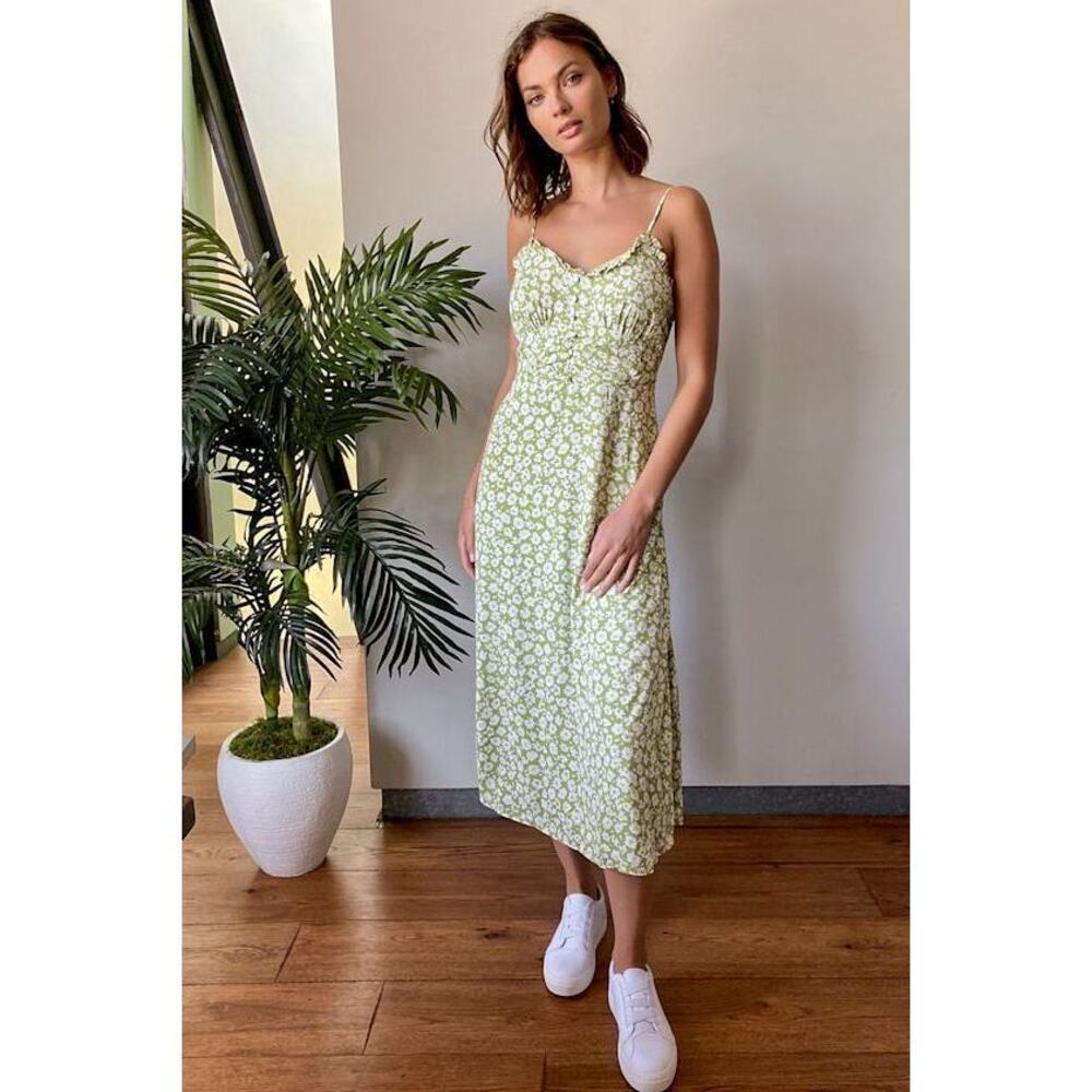 Lulus Timeless Touch Green Floral Print A-line Midi Dress - Size M